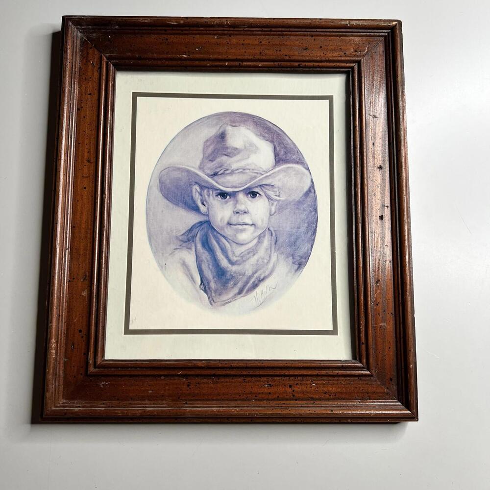 V Miller Cowboy Child Portrait Print Brown Wood Framed Western Art‎ 13x15 Decor